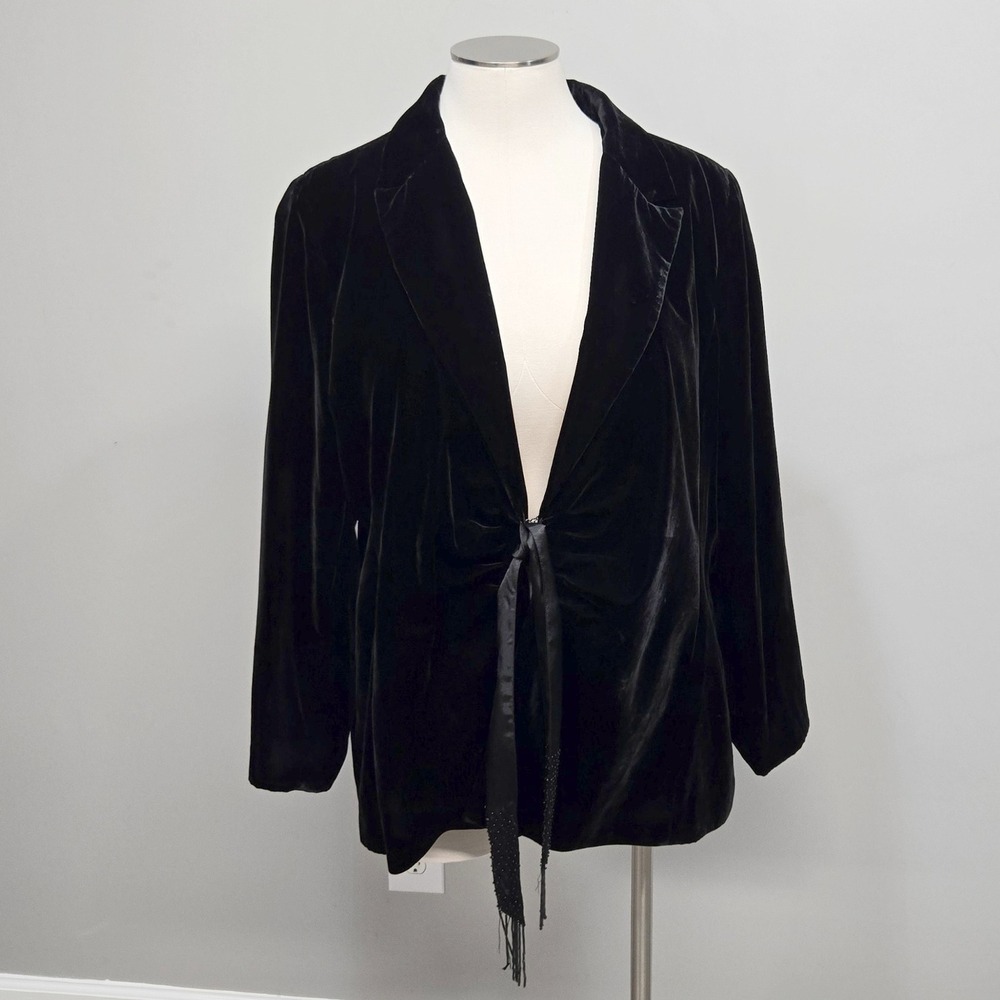Womens Velvet Tie Front Blazer Jacket Large Black Witchy Whimsigoth Holiday Glam
